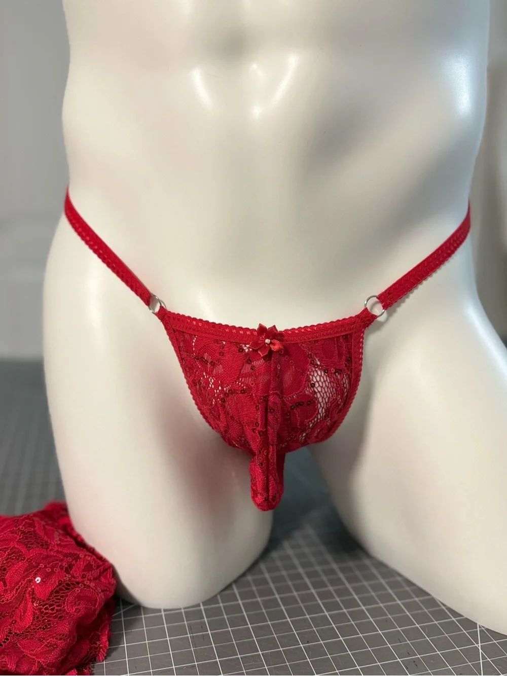 Red Lace Men’s Pouch Thong - Sheer Lace Trim